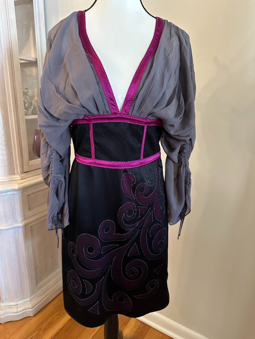 NWT Marciano S Black Gray Magenta Sheer Sleeve Corset Dress Y2K